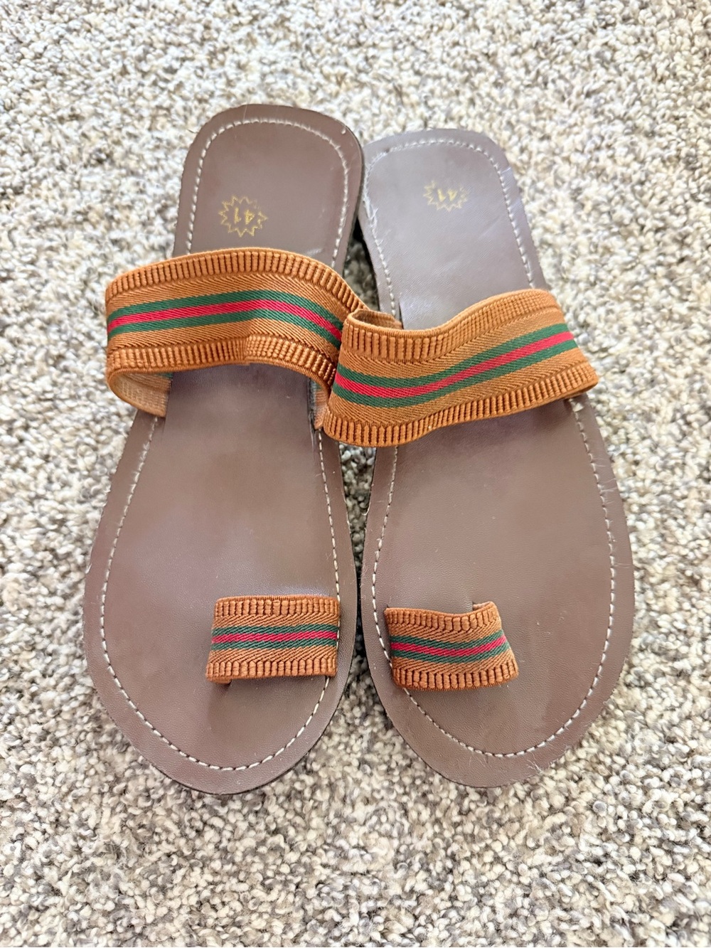 Brown Slide Sandals with Orange, Green & Red Striped Straps
